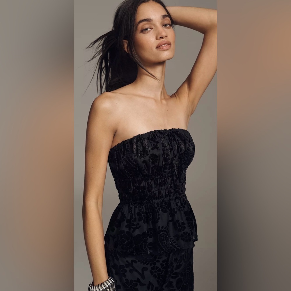 Anthropologie Somerset Black Strapless Top smocked Velvet look Large